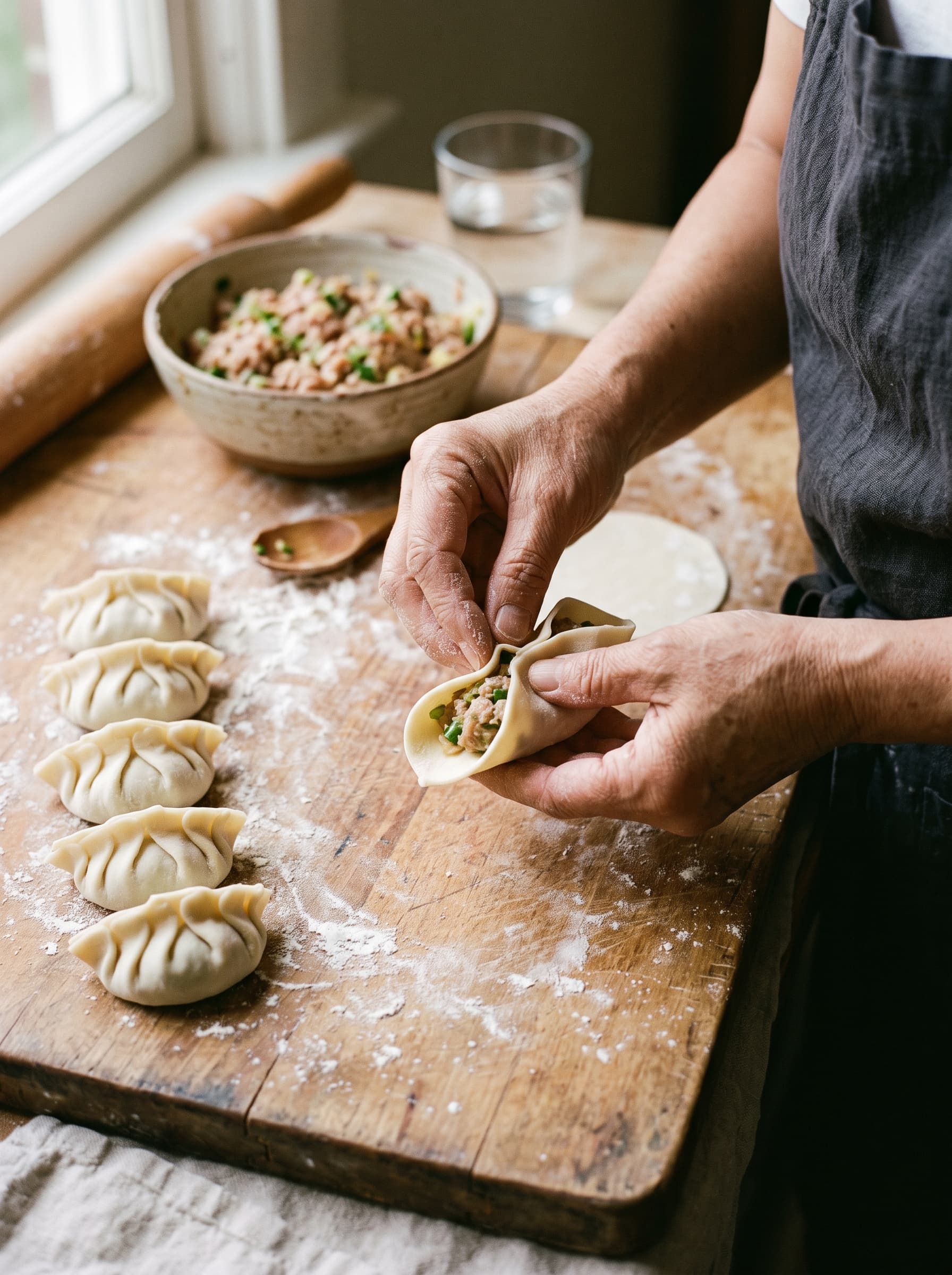 A cook's hands folding a dumpling on a floured wooden board, a row of finished dumplings beside them.