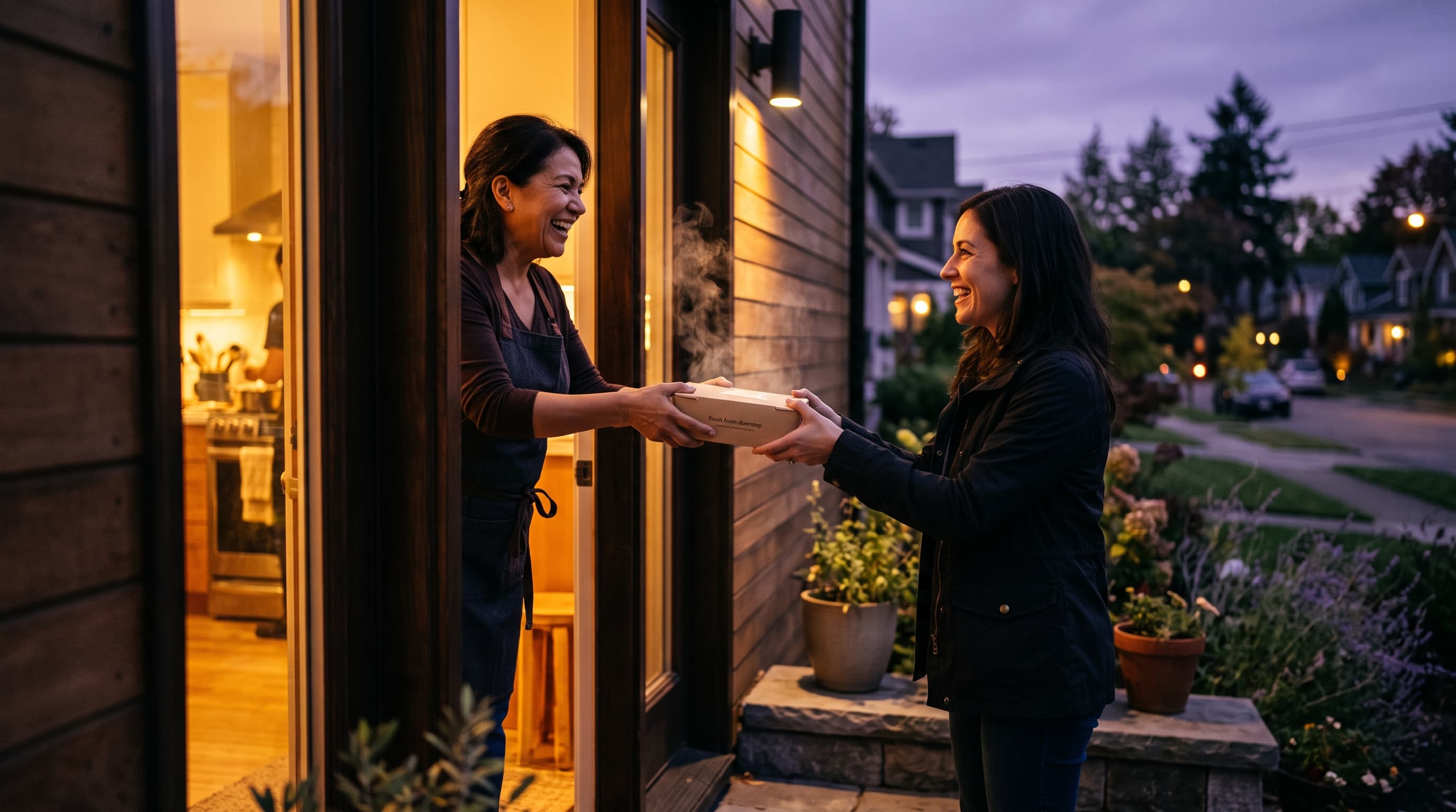 A home cook in an apron handing a warm takeaway box to a neighbour at her front door in the evening light, with a lit kitchen visible behind and a lavender-lined porch in the foreground.